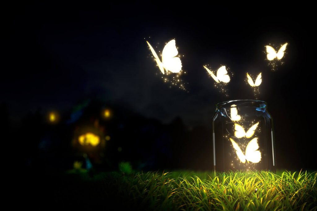 Light butterflies from a jar at night