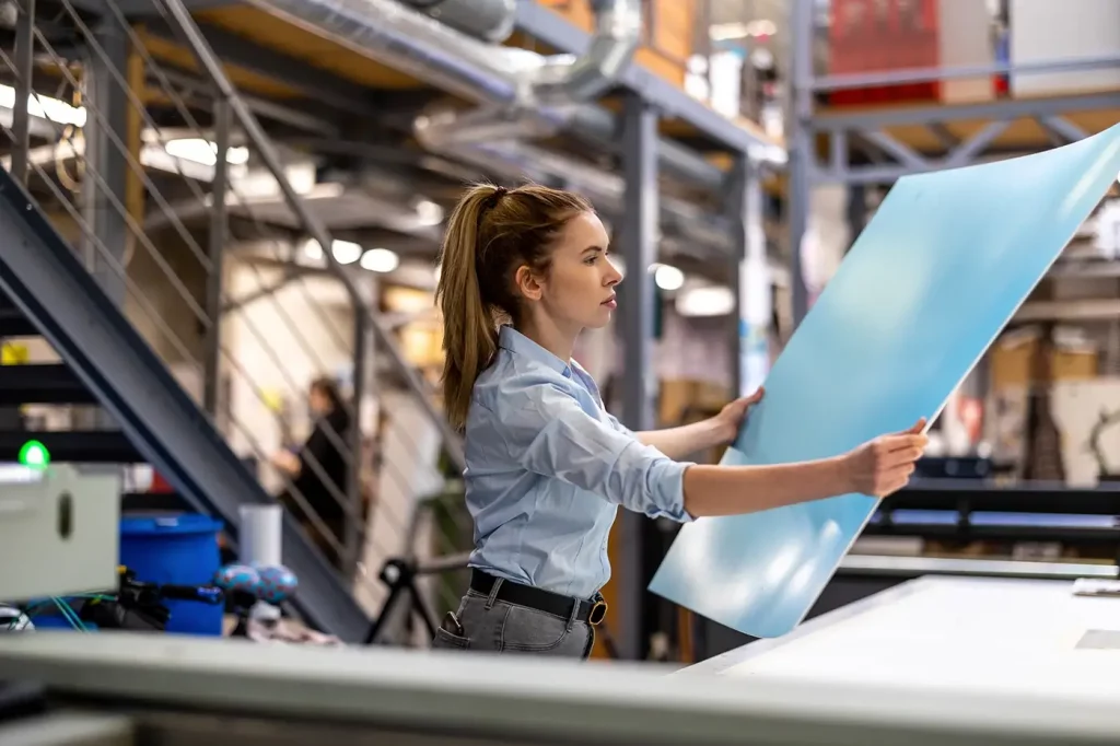 A woman in a print shop holding up a large piece of paper