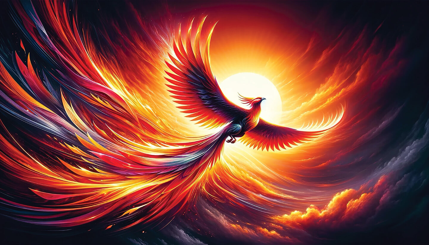A phoenix bird flying with an orange sky background